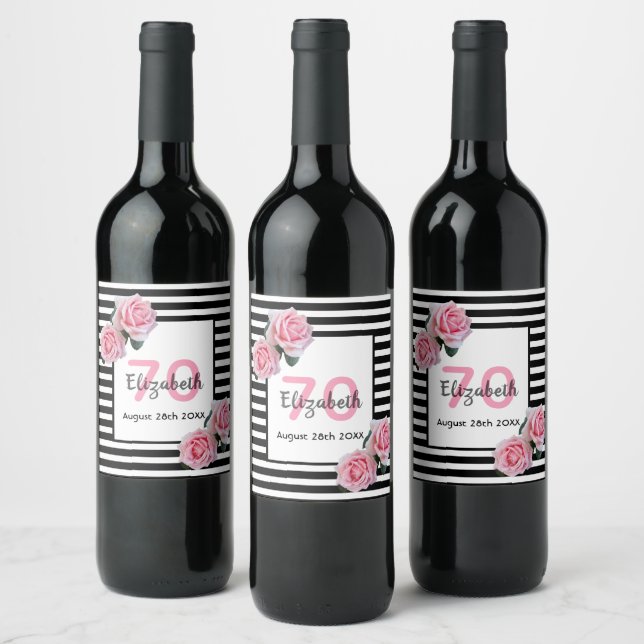 70th birthday pink roses black white stripes wine label (Bottles)