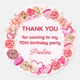 70th Birthday Pink Roses Swirly Heart  Classic Round Sticker