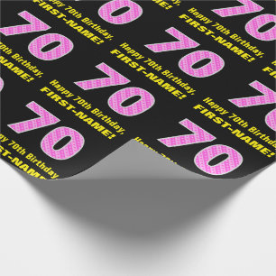 70th Birthday: Pink Stripes and Hearts "70" + Name Wrapping Paper