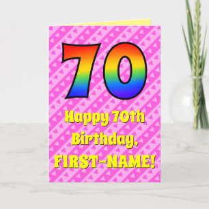 70th Birthday: Pink Stripes & Hearts, Rainbow # 70 Card