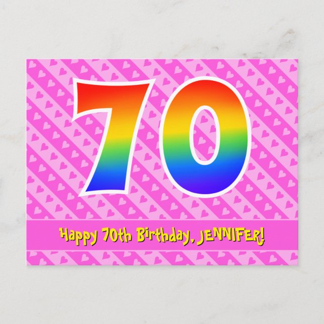 70th Birthday: Pink Stripes & Hearts, Rainbow 70 Postcard (Front)