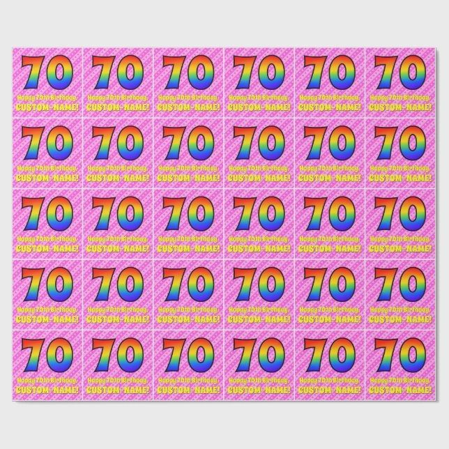 70th Birthday: Pink Stripes & Hearts, Rainbow # 70 Wrapping Paper (Flat)