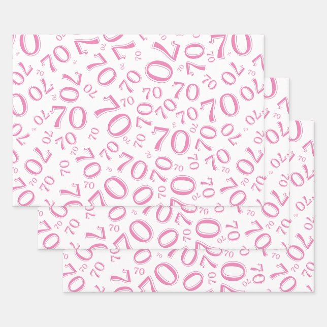 70th Birthday Pink & White Number Pattern 70 Wrapping Paper Sheet (Set)