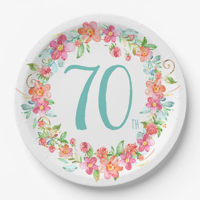 70th birthday pretty watercolor floral party paper plate (Front)