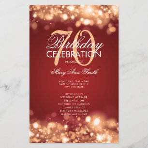 70th Birthday Program Glam Lights Gold Red Menu