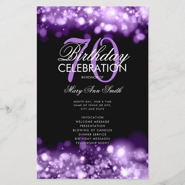70th Birthday Program Glam Lights Purple Menu (Front)