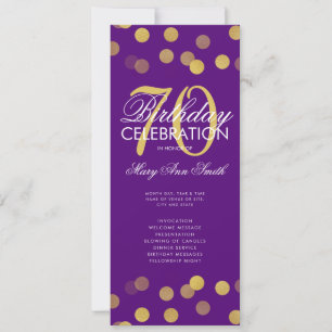 70th Birthday Program Gold Confetti w/ Menu Purple