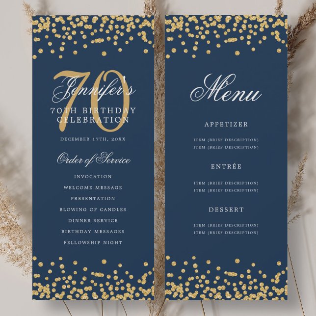 70th Birthday Program Gold Navy Blue Confetti Menu (Creator Uploaded)