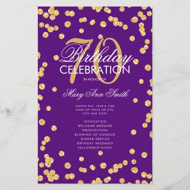 70th Birthday Program Gold Purple Glitter w/ Menu (Front)