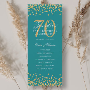 70th Birthday Program Gold Turquoise Confetti