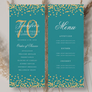 70th Birthday Program Gold Turquoise Confetti Menu