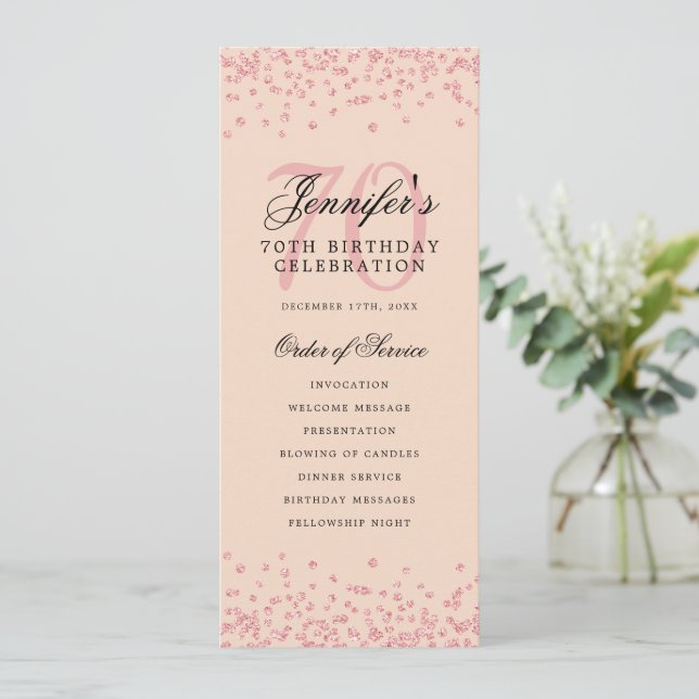 70th Birthday Program Menu Thank U Rose Gold Blush (Standing Front)