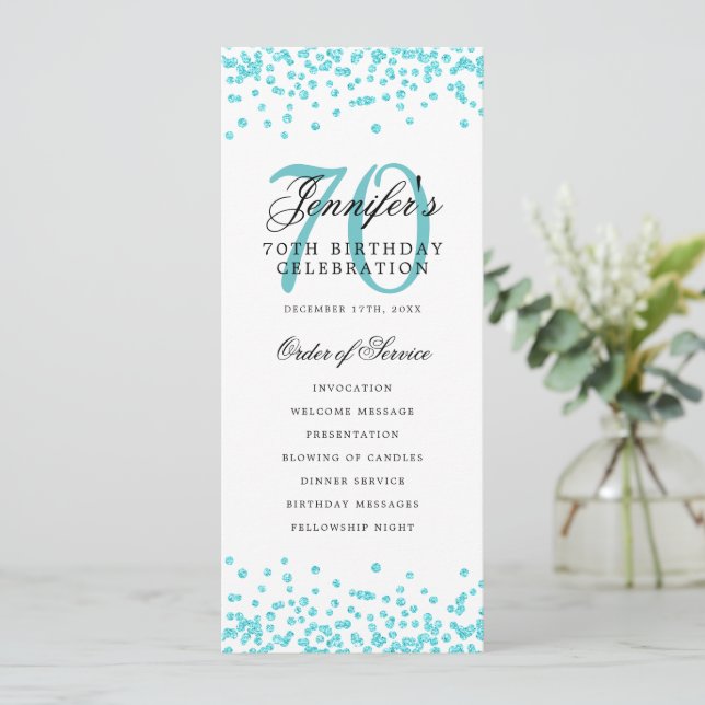 70th Birthday Program Menu Thanks Turquoise  (Standing Front)