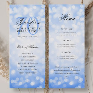 70th Birthday Program Navy Blue Bokeh Menu