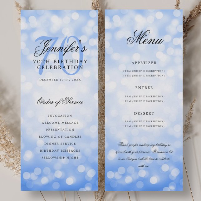 70th Birthday Program Navy Blue Bokeh Menu (70th Birthday Program Navy Blue Bokeh Menu)