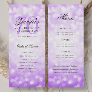 70th Birthday Program Purple Bokeh Menu