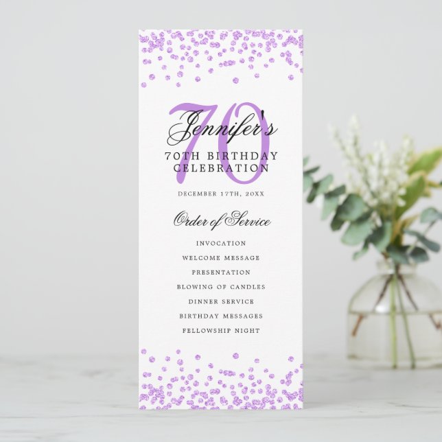 70th Birthday Program Purple Confetti Menu (Standing Front)