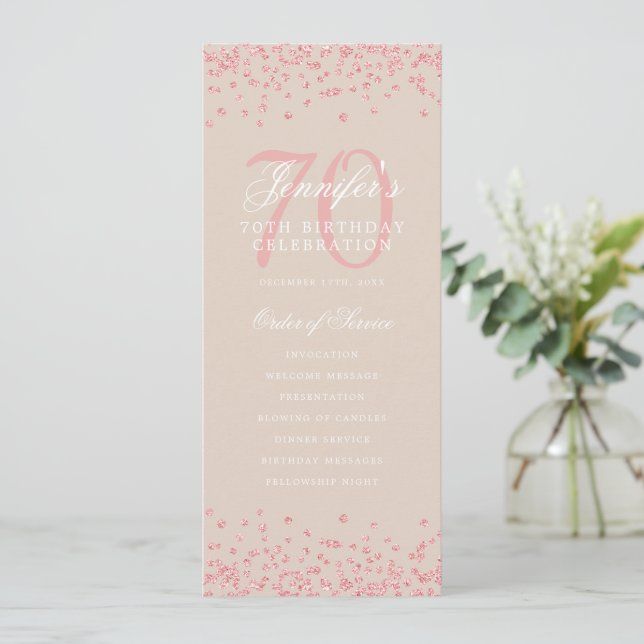 70th Birthday Program Rose Gold Confetti Champagne (Standing Front)