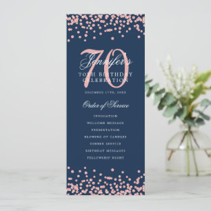 70th Birthday Program Rose Gold Confetti Navy Blue