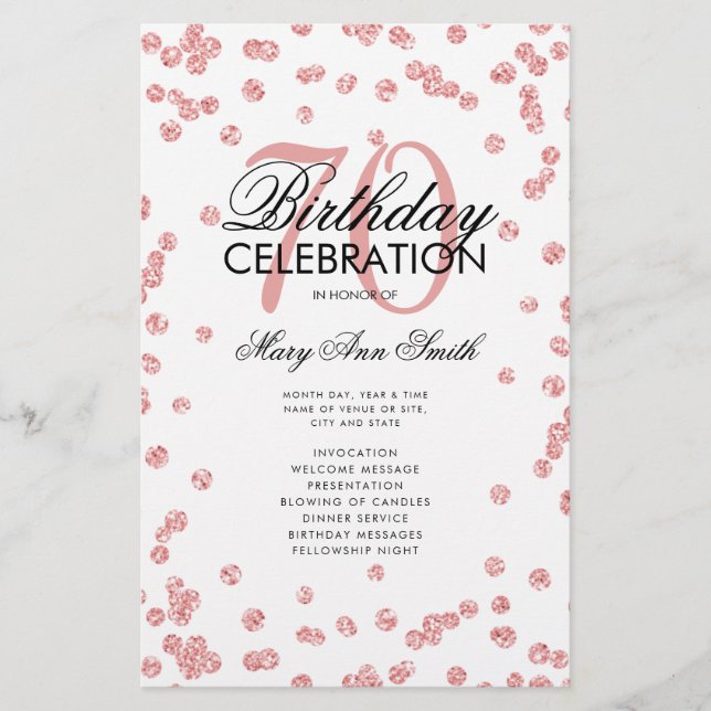 70th Birthday Program Rose Gold Glitter w/ Menu (Front)