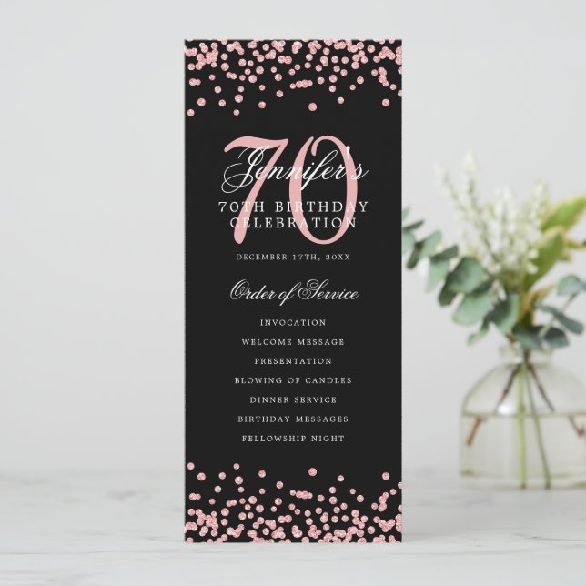 70th Birthday Program Rose Gold Menu Black (Standing Front)
