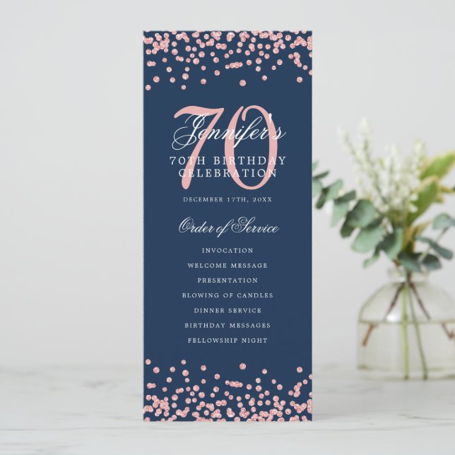 70th Birthday Program Rose Gold Menu Navy Blue  (Standing Front)