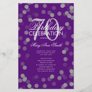 70th Birthday Program Silver Confetti Menu Purple
