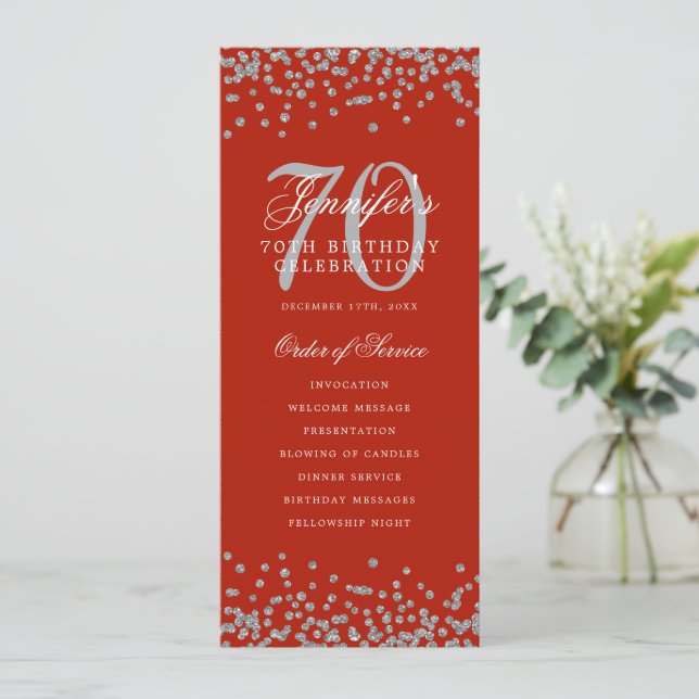 70th Birthday Program Silver Confetti Red  (Standing Front)