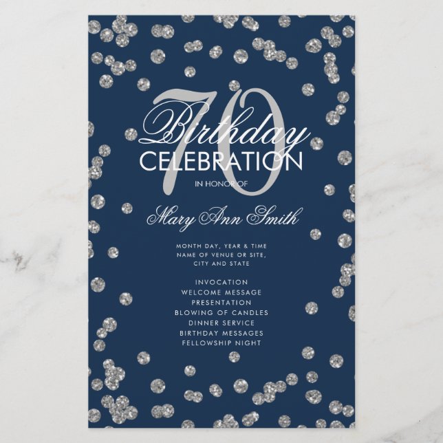 70th Birthday Program Silver Glitter w/ Menu Navy (Front)