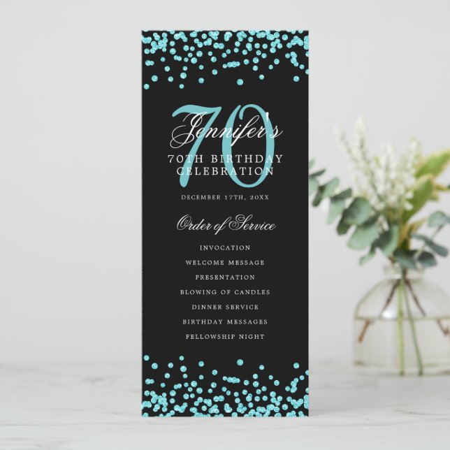 70th Birthday Program Teal Confetti Menu Black  (Standing Front)