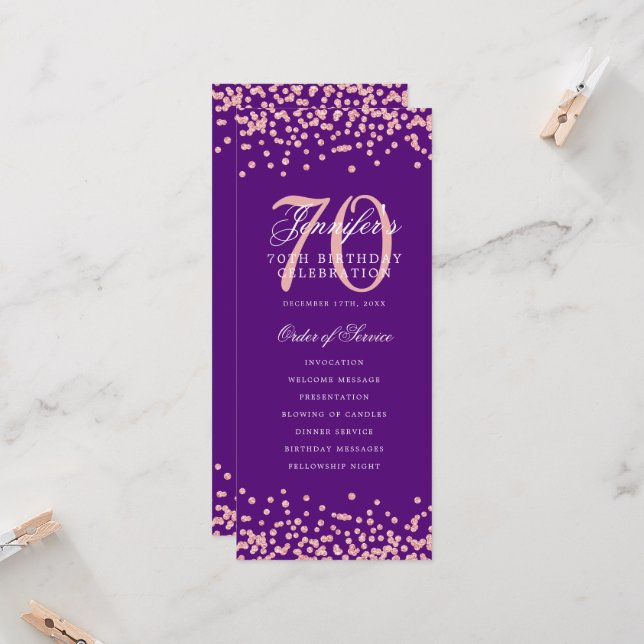 70th Birthday Program Thank You Rose Gold Purple  (Front/Back In Situ)
