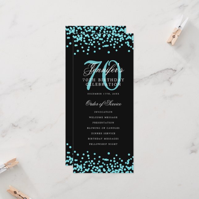 70th Birthday Program Thank You Turquoise Black  (Front/Back In Situ)