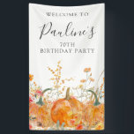 70th Birthday Pumpkin Wildflower Vertical Outdoor Banner<br><div class="desc">Fall pumpkins are nestled in delicate golden yellow and orange wildflowers to create an elegant aesthetic. All of the text is editable so you can easily craft your own special mood.</div>