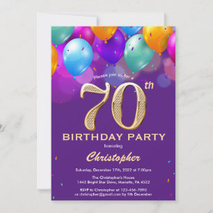 70th Birthday Purple and Gold Colourful Balloons Invitation