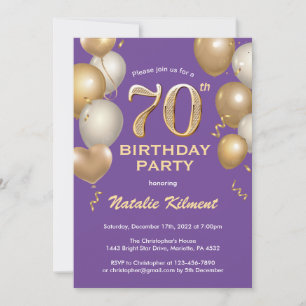 70th Birthday Purple and Gold Glitter Balloons Invitation