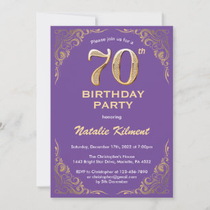 70th Birthday Purple and Gold Glitter Frame Invitation