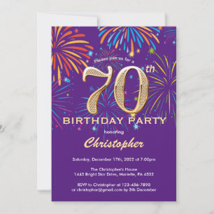 70th Birthday Purple and Gold Rainbow Fireworks Invitation