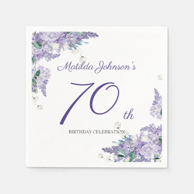 70th Birthday Purple Floral Elegant Custom Age Napkin (Front)