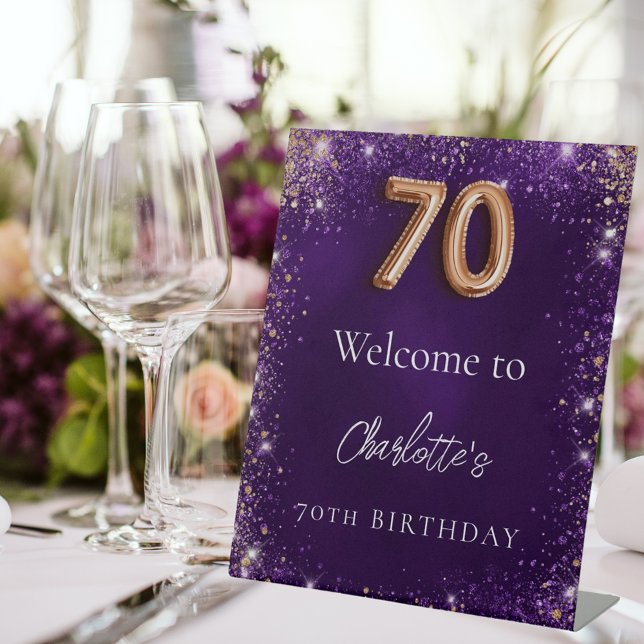 70th birthday purple glitter sparkles welcome pedestal sign (Creator Uploaded)