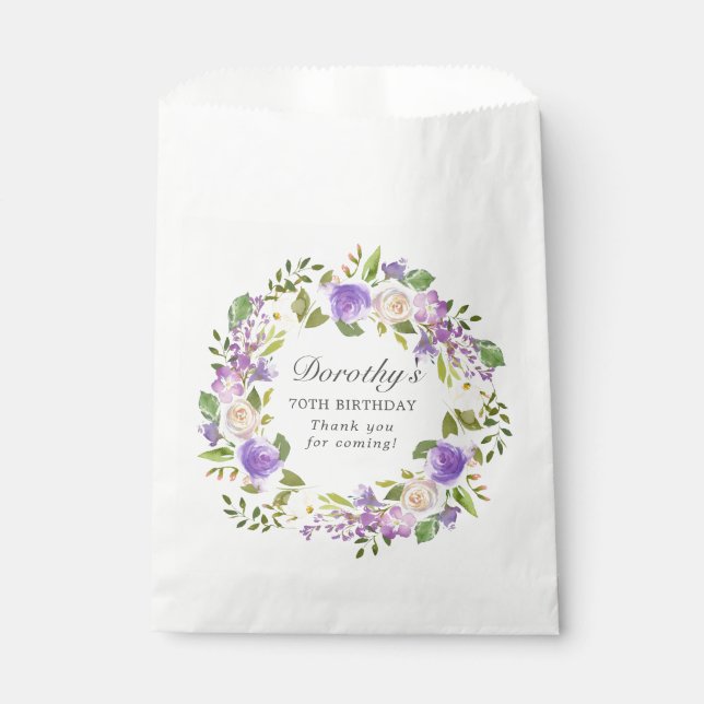 70th Birthday Purple Rose Floral Wreath Favour Bag (Front)