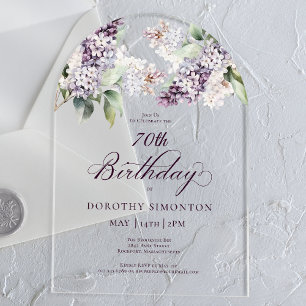 70th Birthday Purple Spring Lilac Flower Arch Acrylic Invitations