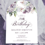 70th Birthday Purple Spring Lilac Flower Arch Invitation<br><div class="desc">Soft watercolor purple lilacs create a pretty springtime 70th birthday invitation. The calligraphy adds an elegant aesthetic. This 70th birthday invitation is available in both traditional cardstock and a downloadable version. It is part of the Purple Spring Lilac Flower collection. It lets you choose a theme and then easily create...</div>