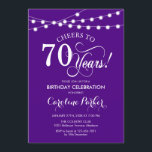 70th Birthday - Purple White Invitation<br><div class="desc">70th Birthday Invitation
Simple purple design with fairy string lights and script font. Cheers to 70 years! Can be personalized into any age! Message me if you need further customization.</div>