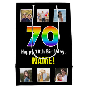 70th Birthday: Rainbow “70“, Custom Photos & Name Medium Gift Bag