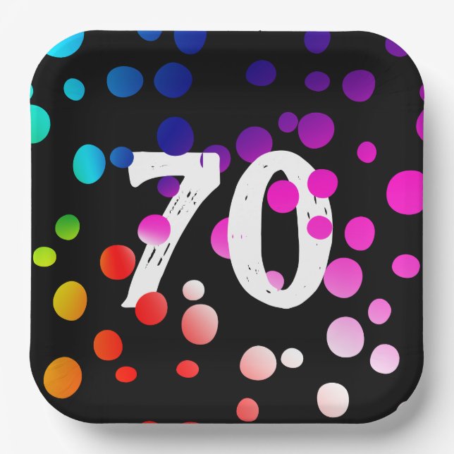 70th Birthday Rainbow Dots on Black Paper Plate (Front)