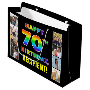 70th Birthday: Rainbow Text, Custom Photos & Name Large Gift Bag