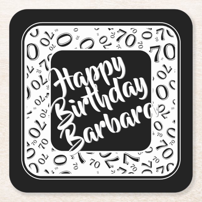 70th Birthday Random Number Pattern Black/White Square Paper Coaster (Front)