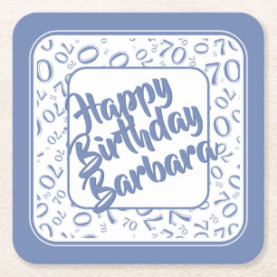 70th Birthday Random Number Pattern Blue/White Square Paper Coaster