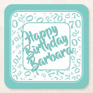 70th Birthday Random Number Pattern Teal/White Square Paper Coaster