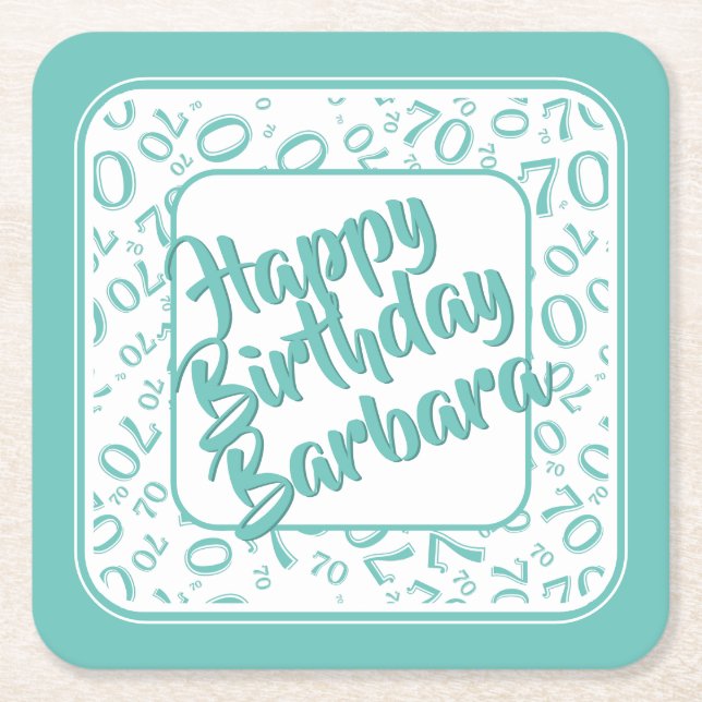 70th Birthday Random Number Pattern Teal/White Square Paper Coaster (Front)